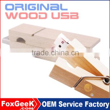 Custom engraving logo wood usb flash drive wooden clip USB key thumb drive 2.0 bulk 4GB/16GB/32GB/64GB/128GB