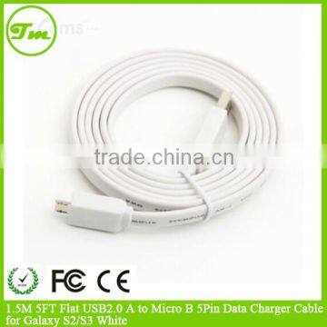 1.5M 5FT Flat USB2.0 A to Micro B 5Pin Data Charger Cable for Galaxy S2/S3 White