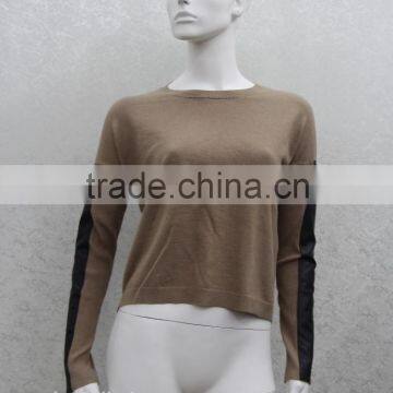 Women's Knitted Sweater With Leather Sleeve