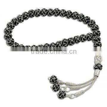 999.9K Solid Pure Silver Turkish Prayer Beads Islamic Knitted Muslim Handmade Black Rosary