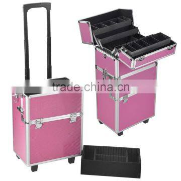 Pink 3 in 1 Pro Aluminum Rolling Makeup Case Salon Cosmetic Organizer Trolley photo-2