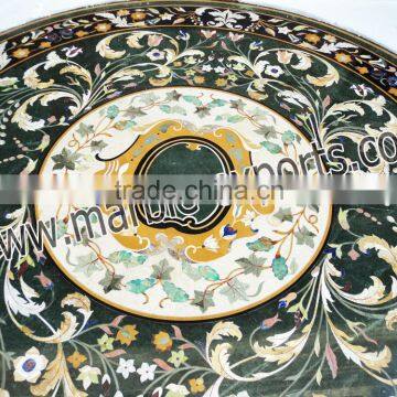 Large Green Marble Round Shape Dinning Table Top, Pietra Dura Marble Table