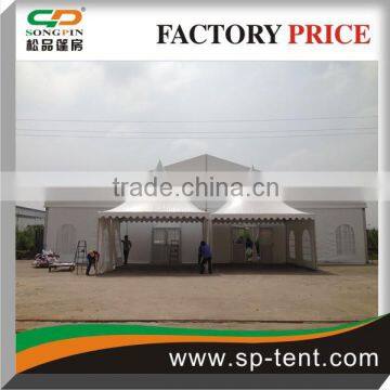 China made 10x20m clearspan marquee with 5x5m pagoda tents side by side as entrance canopies (linings&curtains inside)