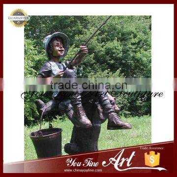 Sitting Tree Branch Bronze Child Fishing Statue photo-2