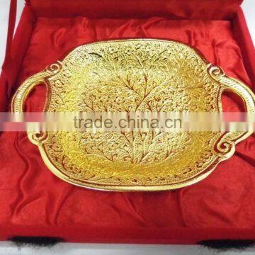 Beautiful wedding gift gold plated brass tray with handle