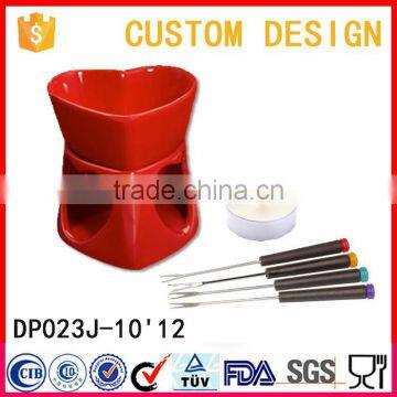 custom design kitchen craft heart shape red mini ceramic cheese chocolate fondue set