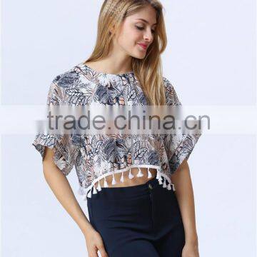 New Print Leaf Print Fashion Crop Tops With Tassels Hem for Women photo-4
