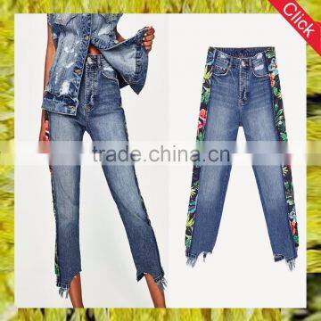 New fashion flower side stripe latest ladies jeans raw hem tops design girls denim jeans women denim jeans pants wholesale price