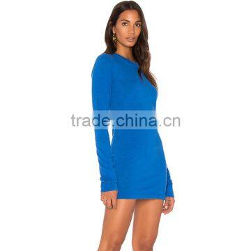 Royal Blue Crew Neck Long Sleeves Fitted Knitted Short Dress photo-2