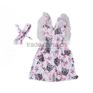 cute girls owl prints chiffon ruffle sleeve shorts knit cotton summer baby pom pom romper