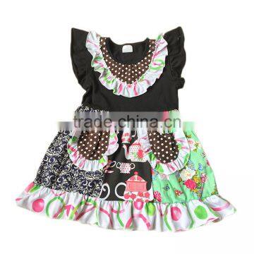 kids girls summer dresses flutter sleeve print bib black model girls dresses have pocket latest dress styles