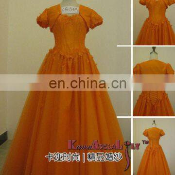 EB1349 Orange with bead and handmade flowers with jacket ball gown