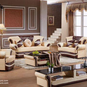 Luxury wooden brown leather sofa set