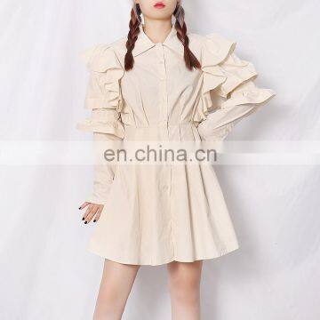 TWOTWINSTYLE Casual Patchwork Ruffle Women Shirt Dress Lapel Puff Sleeve High Waist Solid Elegant photo-2