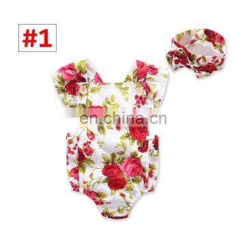 Baby Girl Romper Headband Set Toddler Flower Print Bodysuit Summer Clothes for 0-2T photo-2