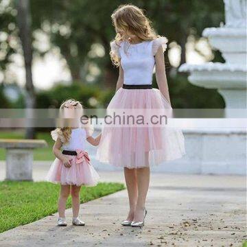 mother and daughter clothes Fashion tshirt+Bowknot Pink Mesh Skirt baby clothes mom and daughter dress family matching clothes