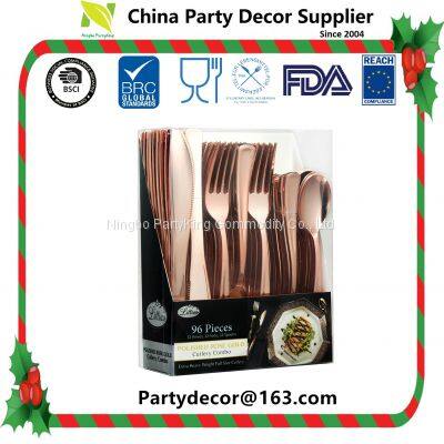 Food Safe Rose Gold Silver Coated Disposable Dinnerware Plastic Cutlery Tableware Set Party Table Decoration Plastic Cups Plate Forks Knives Spoons Napkins photo-5