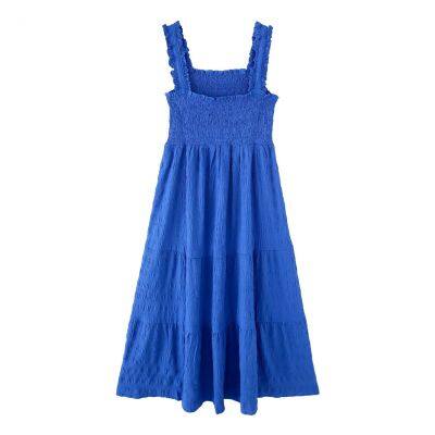 2025 Spring New European and American Style Women's Wear Blue Pulling Strap Long Style Big Swing Dress for Women