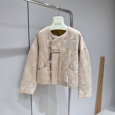 New minimalist and Chinese style round neck single row buckle long sleeved jacquard jacket