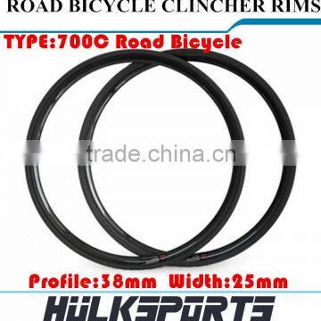 Road bicycle wheel rims 700c 38mm profile 25mm width carbon road bike clincher wheel rims carbon clincher wheel bike rims