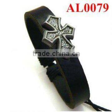 Cheapest Jewelry with alloy metal,leather bracelet with ancient Greece stainless cross AL0079