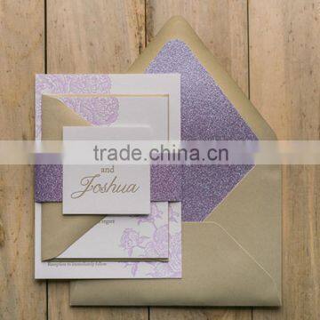 Hot sale romantic & elegant purple glitter pocker fold wedding invitations with rose pattern