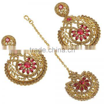 Indian Antique Polish Crystal Stone Earrings With Tikka Set For Women