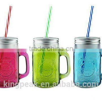 2015 Best Selling Coloured Glass Mason Cocktail Wine Beer Drinking Drink Handled Jam Jars/mason jars with lids and straws