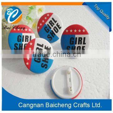 2016 Cheap and Cute Hot Sale 38MM Tin Button Badges / security pin button badge with fashion look and brand name printed