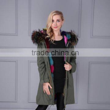 New latest women wholesale raccoon fur hooded parka jacket / fashion women winter real fox fur lined                        
                                                                                Supplier's Choice