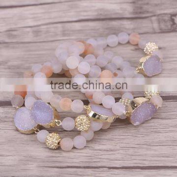 Gold Plated Natural Agate Quartz Stone Druzy Bracelet, with 8mm Frosted Agate Beaded Jewelry Bracelets