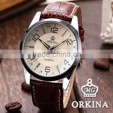 Orkina Coffee Leather Stainless Steel Case Chrono Quartz Men's Analog Sport Watch photo-4