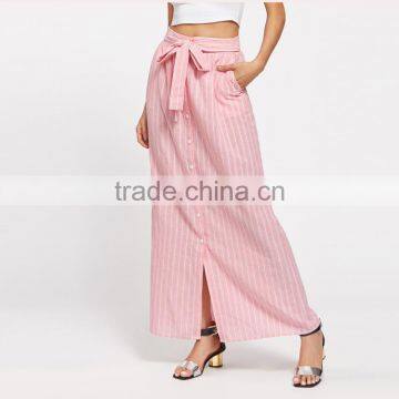New Arrival Fashion Design Belted Button Up Pinstripe Skirt Women High Waist A Line Maxi Skirt photo-4