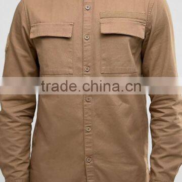 Custom Long Sleeve Spread Collar Twin Chest Pockets Mens Pre-Shrunk 100% Cotton Breathable Comfot Fit Casual Khaki Plain Shirts photo-3