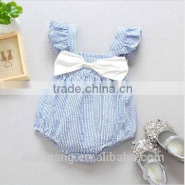 Newborn infant boutique clothes flutter sleeve seersucker stripe bubble thailand wholesale toddler clothing romper