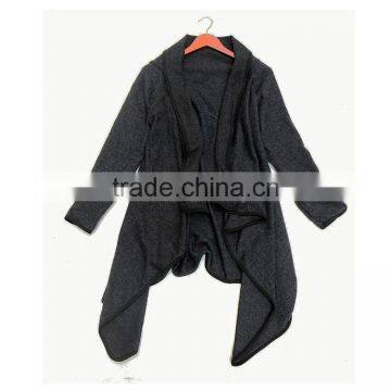 Fashion long sleeve cardigan covered edges irregular hem wool poncho