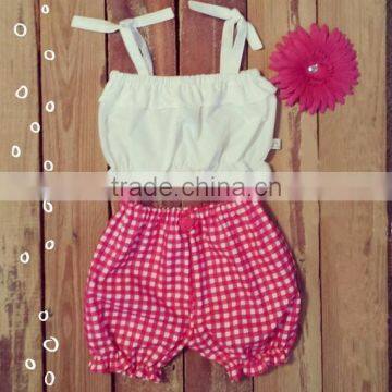 New Fashion Baby Clothes Outfits Toddler Kids Summer Wear Plain White Top And Red Gingham Short Clothing Set