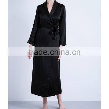 Customize ladies luxury silk full length robe, long sleeve dressing gown, black lapels long length dressing robe