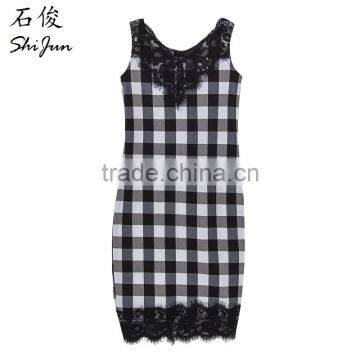 ShiJ 2017 New Design Brand Casual Black White Lattice Lace Vest Women Dresses