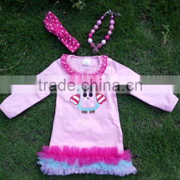 Pink girls dress new design ruffle dress clothes 100%cotton cute owl children kids clothes with matching necklace and headband