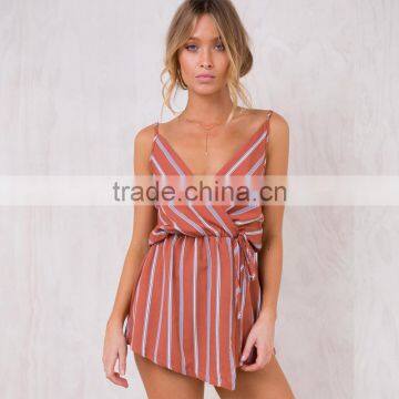 Simple Linen Cotton Clothing Models for Women Fashion Striped Playsuit photo-2