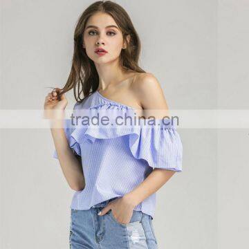 HOT Style Plaid Flouncing Short Sleeve, Women Sexy One-shoulder Blouse photo-6