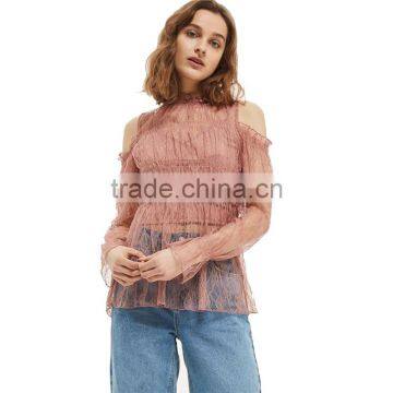 2017 OEM Spring Romantic Pink Lace Frill Strapless Women's Blouses photo-6