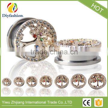 Popular colorful diamond Stainless steel hollow out tree pierced ear plug