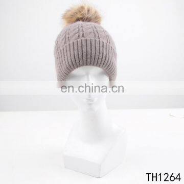 TOROS fashion beanie hat with pompom women winter rabbit fur blend acrylic hat with lining