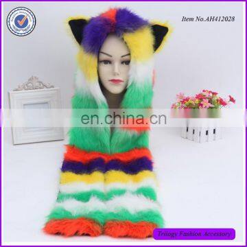 New Striped Style Polyester Fur Wolf Animal Hat With Scarf