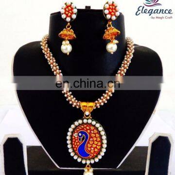 Wholesale designer ethnic jewelry - Indian traditional pendant set - Exclusive meenakari jewelry set - Ethnic peacock set