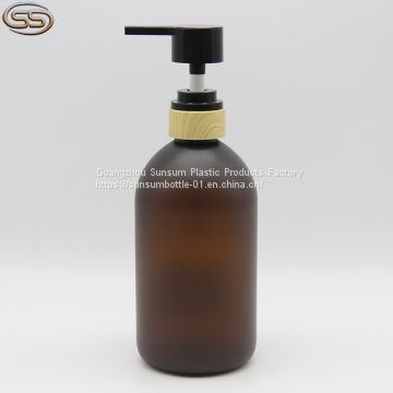 Hot Sales 500ml Amber Frosted Plastic Shampoo Bottle with Bamboo Lotion Pump