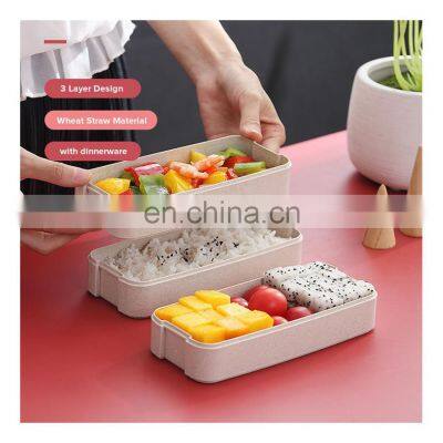 900Ml Healthy Material Lunch Box 3 Layer Wheat Straw Bento Lunch Box Set Wheat Straw Bento Boxes photo-5