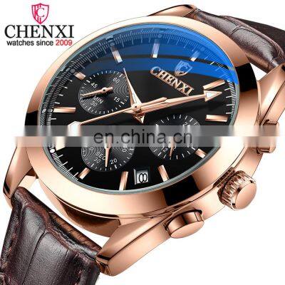 CHENXI 905 Fashion Sport Quartz Wristwatches Chronograph Clock Mens Military Leather Waterproof Sport Watch